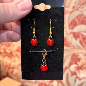 New 3pc set Red Ladybug Earrings and matching charm